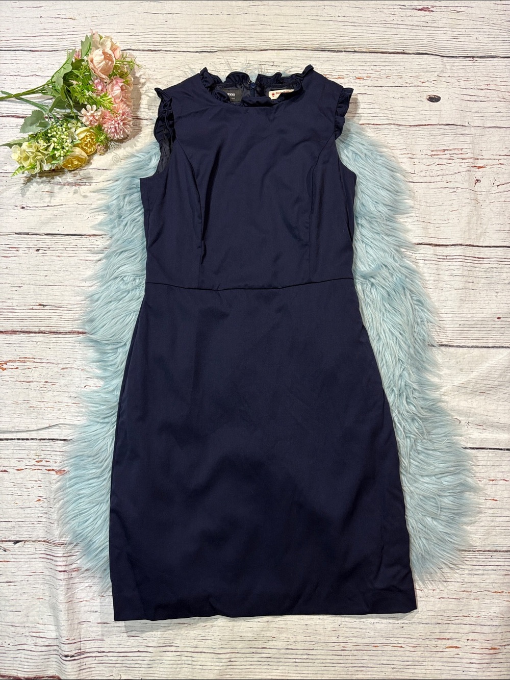 Brooks Brother Red Fleece Navy Ruffle Tollegno 1900 Sheath Dress